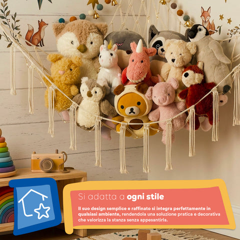 keiki amaca angolare da parete porta giocattoli in cotone rete per peluche salvaspazio 105x140x105 cm kit di montaggio con ganci e fischer inclusi ean 8056590110065