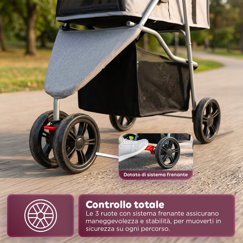 puppy lovers passeggino per cani e gatti pieghevole grigio cabina trasparente con visione a 360 carrello per animali domestici in acciaio e oxford con portabicchieri e cestello portata 15kg ean 8054806950276