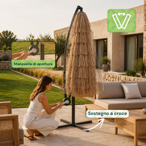 zendea ombrellone lampara da giardino effetto rafia altezza 275m con struttura in acciaio al carbonio con manovella e sostegno a croce ean 8050030810720