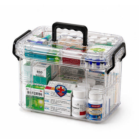 Przezroczysty dwupoziomowy organizer na leki z uchwytem i zamknięciem na zatrzask – 8 górnych przegródek 23,5x17x13,5 cm