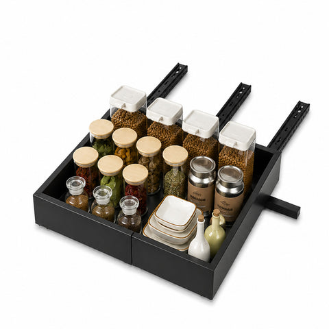 Ripiano Estraibile ed Espandibile Nero 32/52 cm in Metallo  - Organizzatore Scorrevole per Mobili e Dispensa