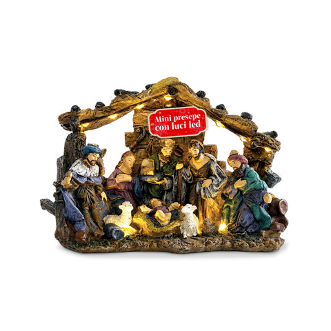 Szopka bożonarodzeniowa HolyGlow z polirezyny z oświetleniem LED i przełącznikiem ON/OFF, rustykalna stajenka i stabilna podstawa, 23x11,5x17 cm