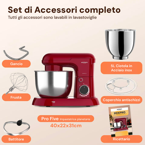 Avilia Impastatrice Planetaria 1500W Ciotola Inox 5L 10 Velocità con Ricettario, Accessori e Funzione Pulse Rossa Ean-8056819047578