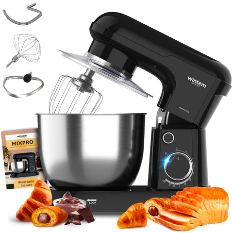 Avilia Impastatrice Planetaria 1500W Ciotola Inox 5L 10 Velocità con Ricettario, Accessori e Funzione Pulse Nera Ean-8056819047578