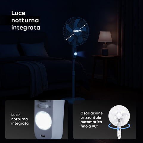 Luce notturna integrata con pale da 40cm, oscillazione orizzontale automatica fino a 90 gradi, funzionamento silenzioso
