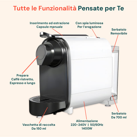 Macchina da caffè DCG con tutte le funzionalità pensate per te: inserimento ed estrazione capsule manuale, spia luminosa per erogazione, serbatoio removibile