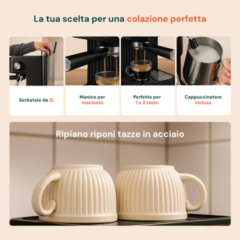 La tua scelta per una colazione perfetta: serbatoio da 2L, manico per macinato, cappuccinatore incluso