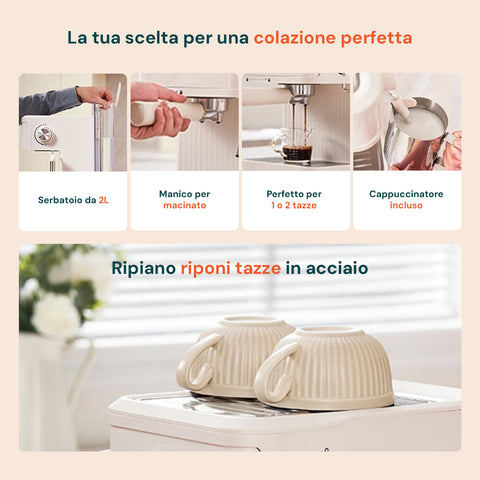 La tua scelta per una colazione perfetta: serbatoio da 2L, manico per macinato, cappuccinatore incluso