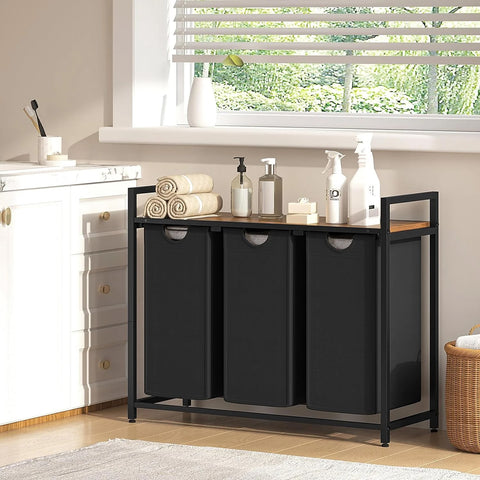 Avilia Mobile Portabiancheria  Struttura in Acciaio con 3 Cestini Estraibili e Ripiano in MDF Salvaspazio Multiuso 114L Ean 8056819050721