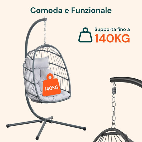 Poltrona a Dondolo Sospesa Gaia Grey in Rattan Artificiale Grigio Struttura Acciaio con Cuscini e Portata 140 kg Ean 8023755069100