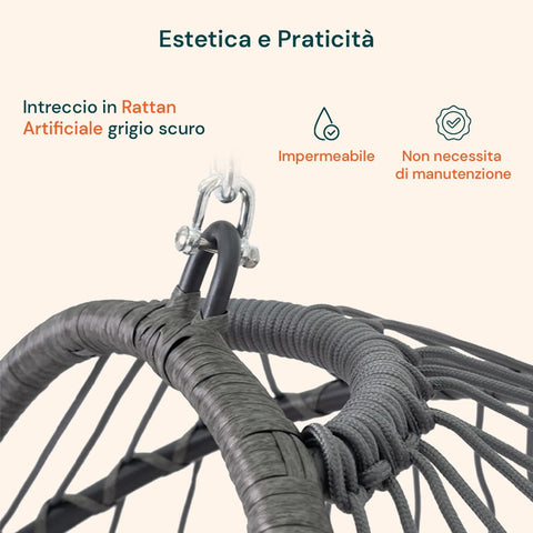 Poltrona a Dondolo Sospesa Gaia Grey in Rattan Artificiale Grigio Struttura Acciaio con Cuscini e Portata 140 kg Ean 8023755069100