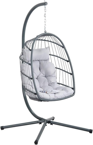 Poltrona a Dondolo Sospesa in Rattan Grigio con Cuscini e Portata 140 kg