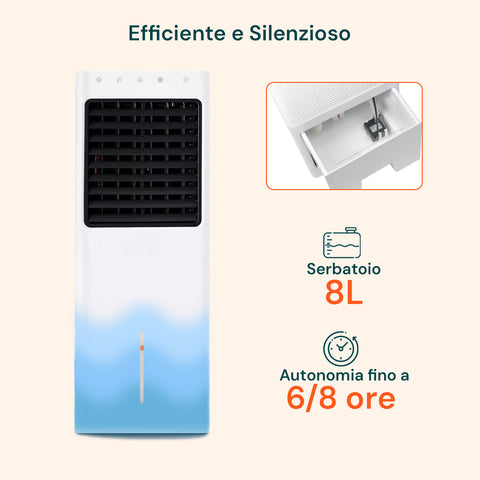 Raffrescatore evaporativo portatile efficiente e silenzioso, con serbatoio per l'acqua da 8 litri e autonomia fino a 6-8 ore.