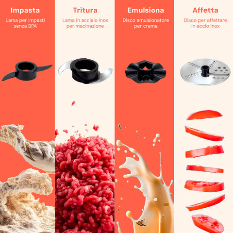 Robot da Cucina Multifunzione Food Processor 600W Contenitore 1,25L con Lame e Dischi in Acciaio Ean-7426896418652