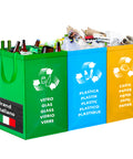 Set 3 borse raccolta differenziata in plastica lavabile con etichette multilingue - Contenitori colorati per vetro (verde), plastica (blu) e carta (giallo) di produzione italiana