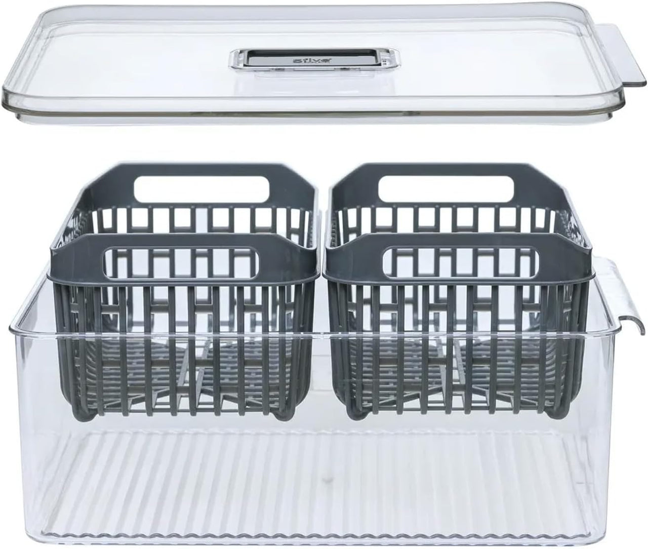 Set completo doppio contenitore frigorifero con coperchio trasparente e due cestelli neri removibili - organizer Tidy 32x22cm
