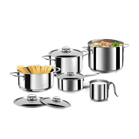 Set Pentole 9 Pezzi Acciaio Inox 18/10 con Pentole, Casseruole e Bollilatte