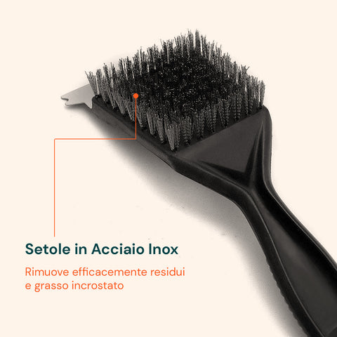 Spazzola Barbecue Pulizia Griglia con Setole e Raschietto in Acciaio e Manico in PP Ergonomico Antiscivolo Ean 8023755068837