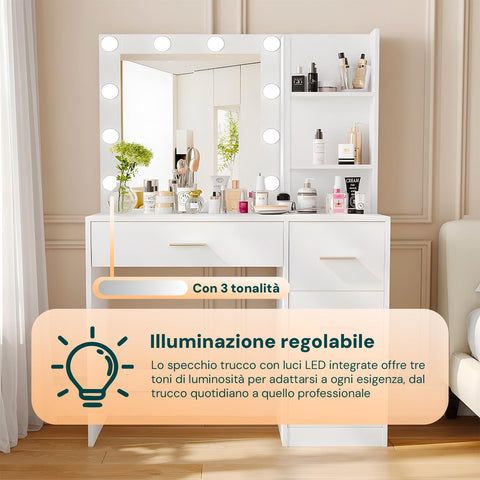Scrivania con Specchio e Luci LED 3 Tonalità Naturale, Calda, Fredda per Make-Up e Organizzazione