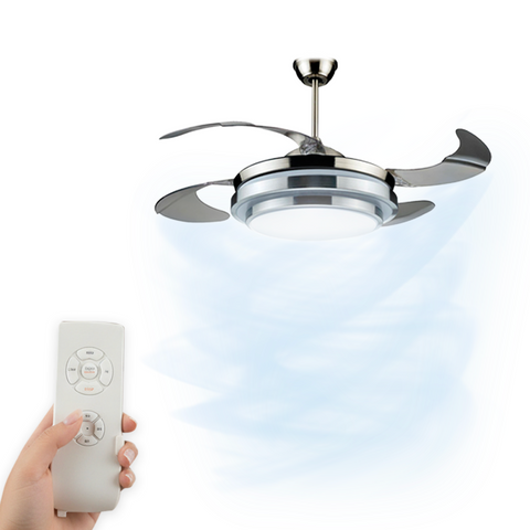 Wentylator sufitowy z 4 chowanymi łopatkami, oświetleniem i pilotem 35w