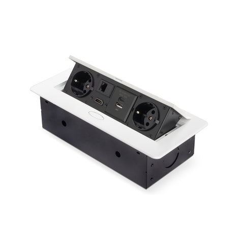 Chowana listwa zasilająca do biurka EU z 2 gniazdami Schuko, USB A+C, RJ45 i HDMI, biała