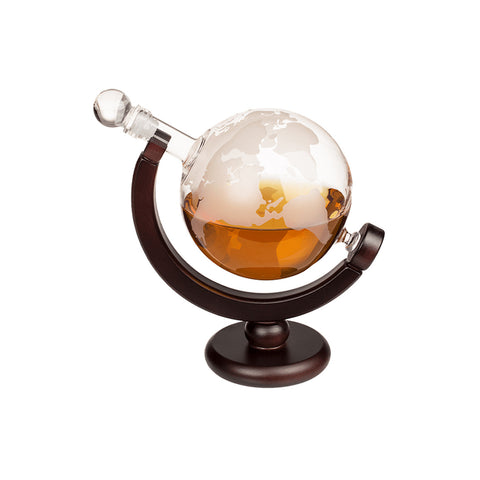 Decanter Liquore A Forma Di Globo Con 2 Bicchieri In Vetro Su Supporto In Legno 850ml