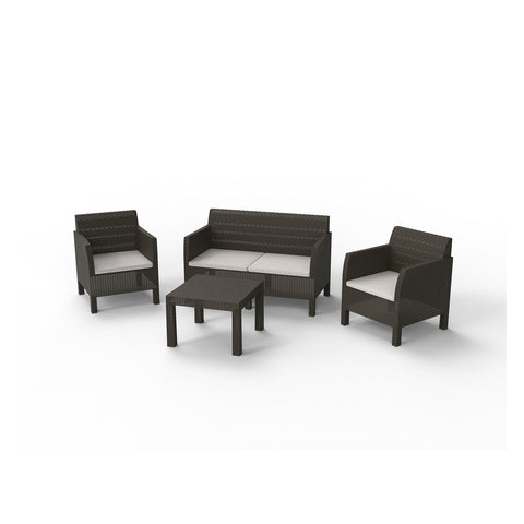 Zestaw: dwuosobowa sofa, 2 fotele i stolik, brązowy